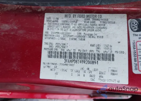 2009 Ford Fusion Sel from USA, damaged, VIN 3FAHP08149R200894